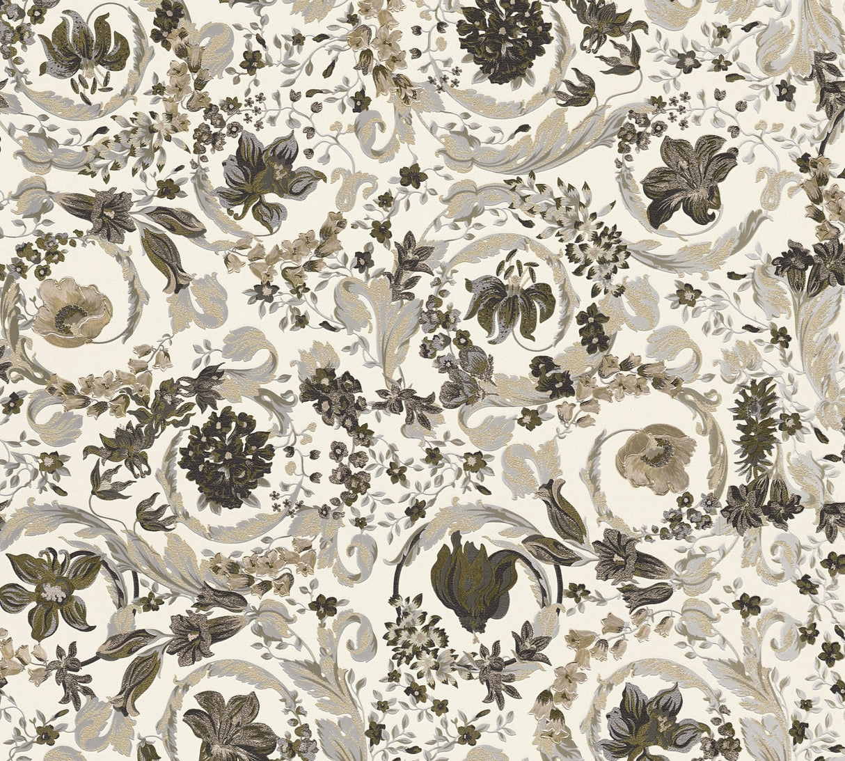 Versace Empress Woodbridge metallic floral wallpaper in grey, taupe and gold tones