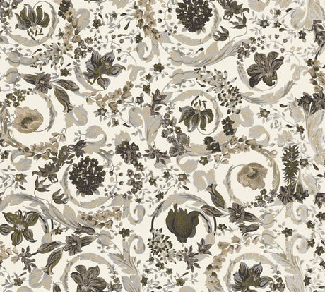 Versace Empress Woodbridge metallic floral wallpaper in grey, taupe and gold tones