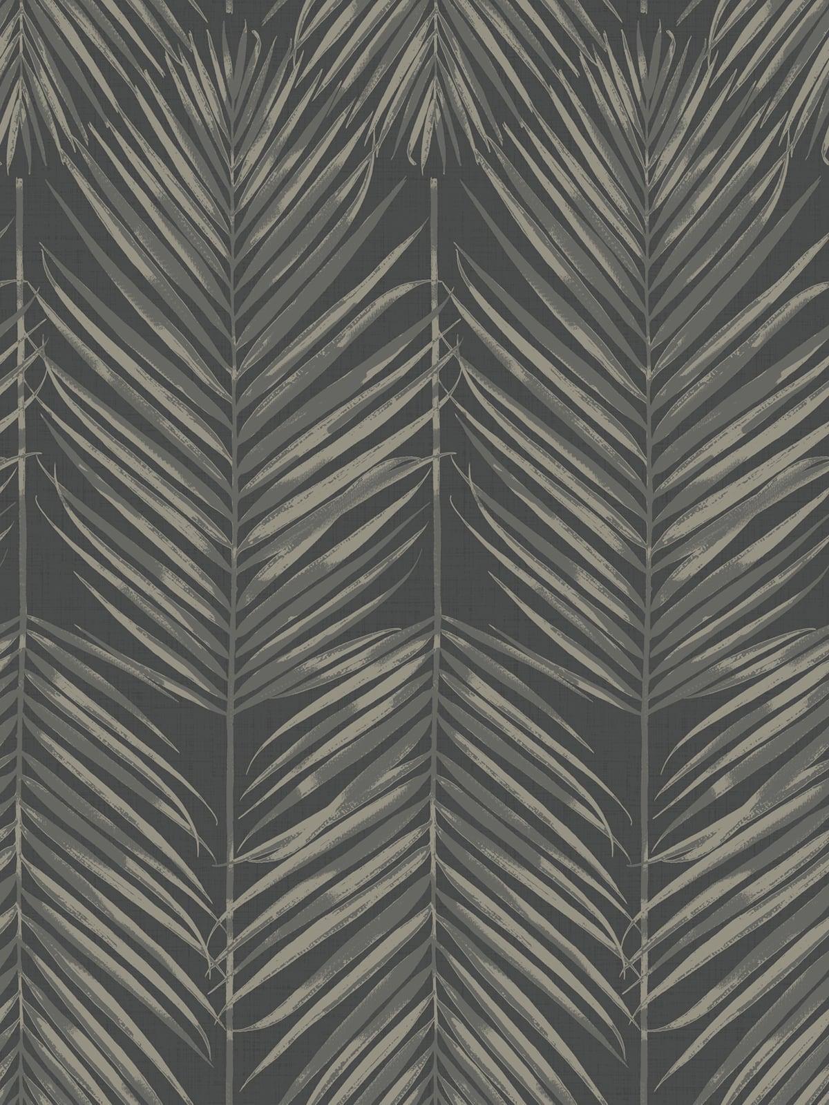 Paradise Palm wallpaper in the Black Sands colorway featuring large palm fronds in taupe on a charcoal background.