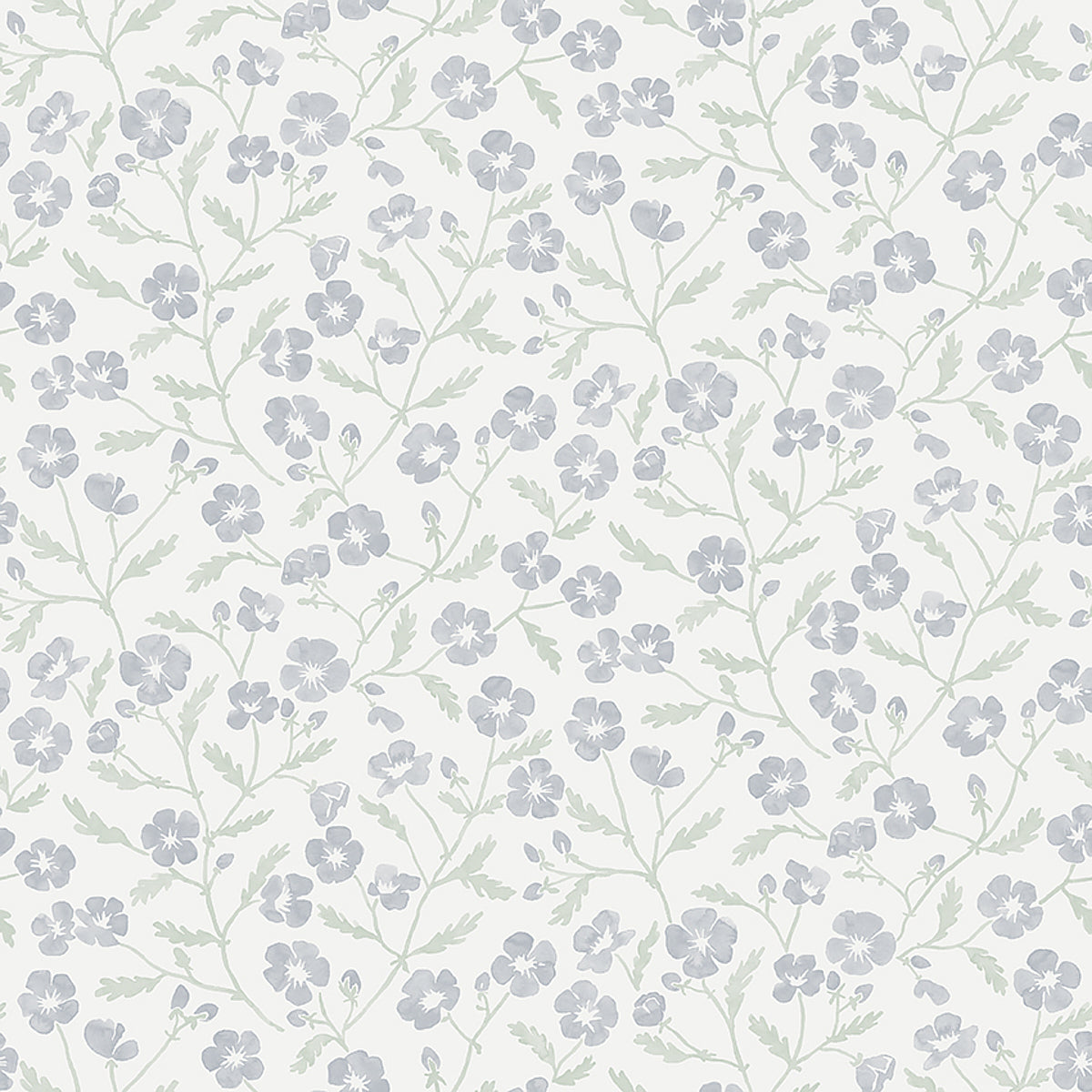 Mira Slate by Boråstapeter, a stylized wild rose floral wallpaper in blue and green on white background, shown in roll and flat view.