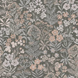 Dense Scandinavian floral and foliage wallpaper in spruce green by Boråstapeter for Schumacher, shown in a modern kitchen setting.