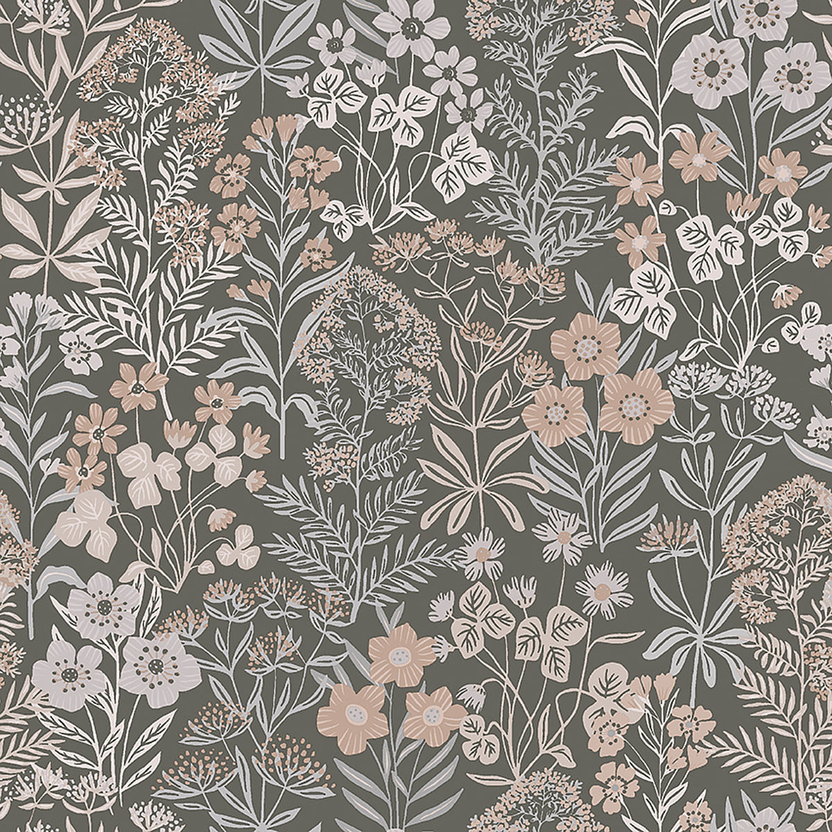 Dense Scandinavian floral and foliage wallpaper in spruce green by Boråstapeter for Schumacher, shown in a modern kitchen setting.