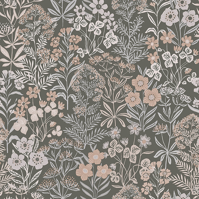 Dense Scandinavian floral and foliage wallpaper in spruce green by Boråstapeter for Schumacher, shown in a modern kitchen setting.