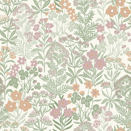 Scandinavian floral wallpaper with stylized flowers and foliage in multi-color by Boråstapeter for Schumacher