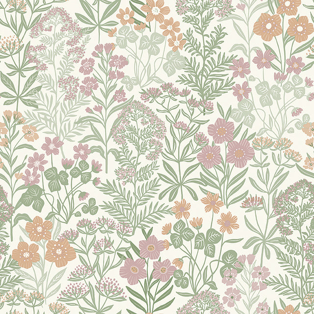 Scandinavian floral wallpaper with stylized flowers and foliage in multi-color by Boråstapeter for Schumacher