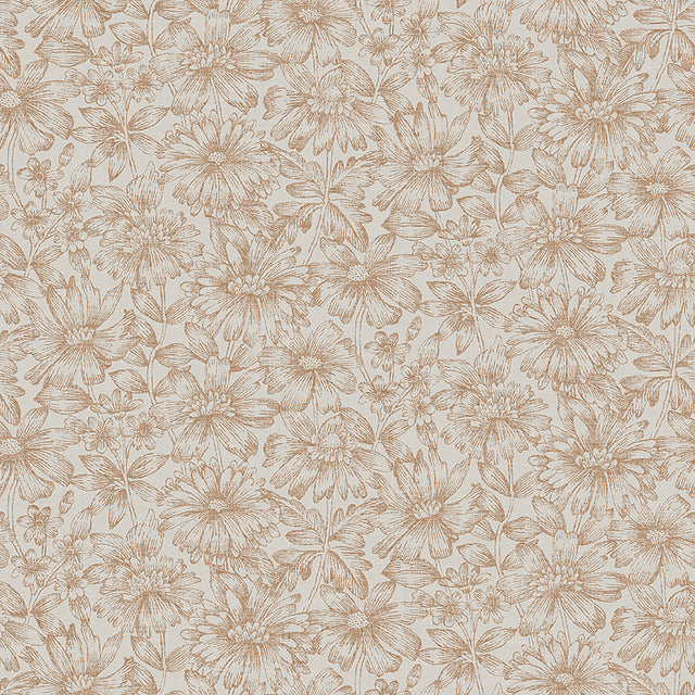 Gabriella Clay by Boråstapeter - Mid-scale floral wallpaper with a textile effect in clay colorway, shown in room and pattern detail.