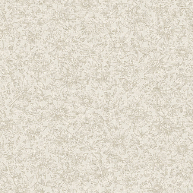 Gabriella Stone floral wallpaper by Boråstapeter for Schumacher, featuring a dense allover pattern of flowers and foliage in a neutral stone colorway.