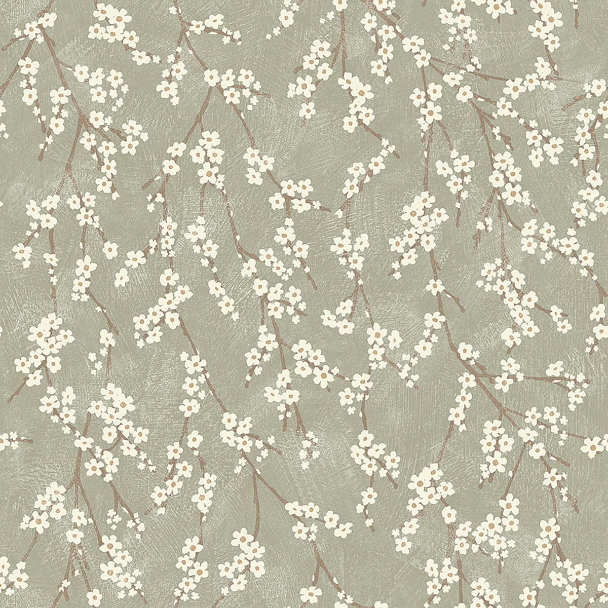 Alice Sage by Boråstapeter delicate apple blossom floral wallpaper on a soft sage green background, shown in close-up and as a roll.