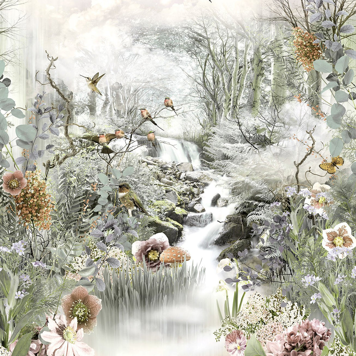 Fable Multicolor Nature Scene Wall Mural with Birds and Floral Motif ...