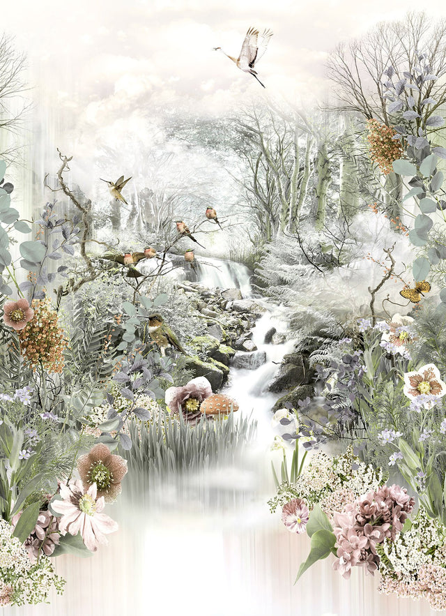 Fable Multicolor Nature Scene Wall Mural with Birds and Floral Motif - Komar 4-203