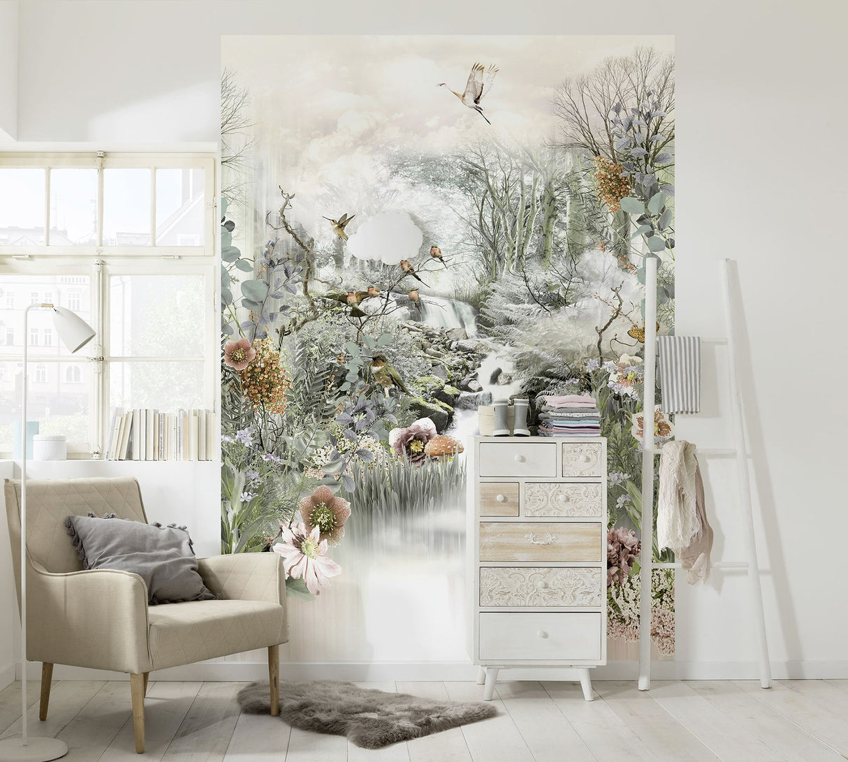 Fable Multicolor Nature Scene Wall Mural with Birds and Floral Motif - Komar 4-203