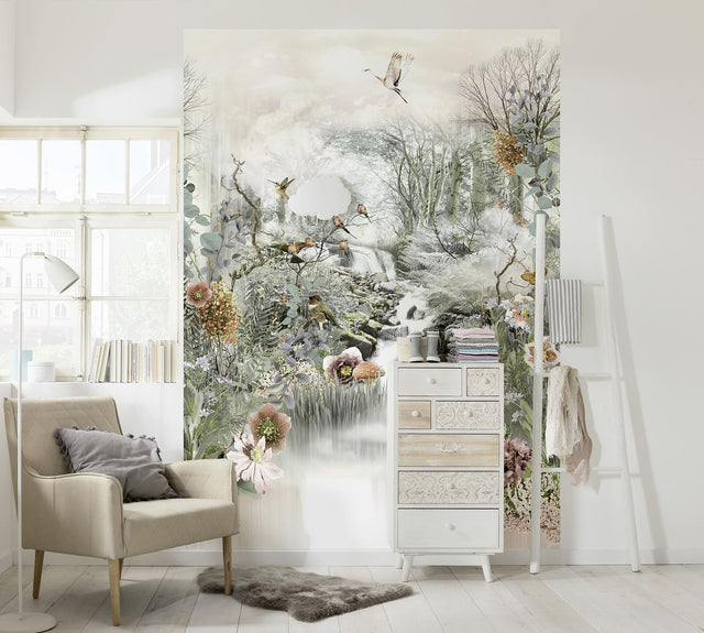 Fable Multicolor Nature Scene Wall Mural with Birds and Floral Motif - Komar 4-203