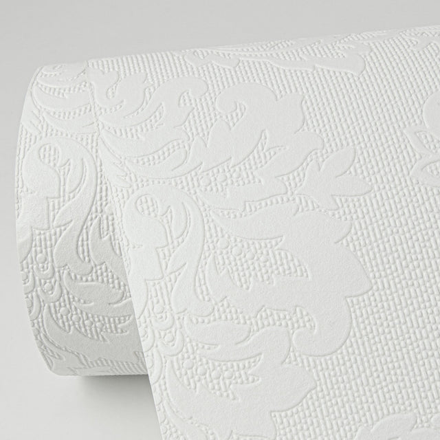 Plouf White Damask Paintable Wallpaper with Traditional Texture Pattern - Brewster 4000-32808