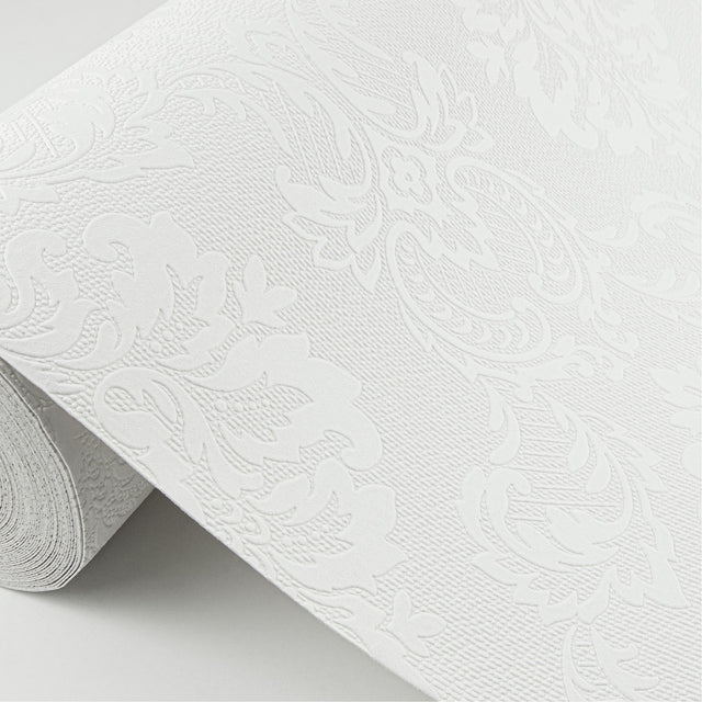 Plouf White Damask Paintable Wallpaper with Traditional Texture Pattern - Brewster 4000-32808