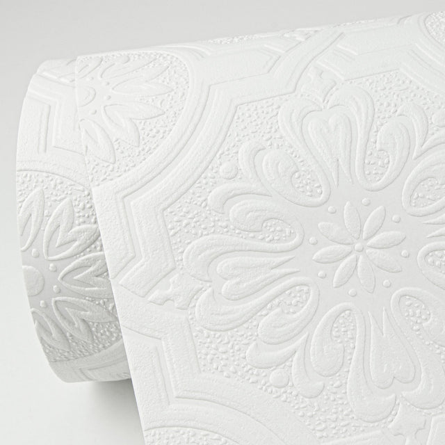 Victorian Tin Ceiling White Paintable Wallpaper with Raised Textured Graphics Pattern - Brewster 4000-32817