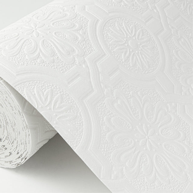 Victorian Tin Ceiling White Paintable Wallpaper with Raised Textured Graphics Pattern - Brewster 4000-32817
