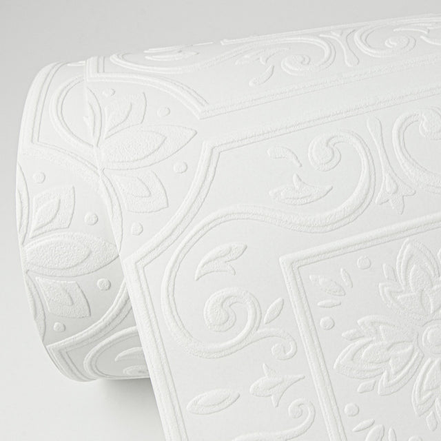 Ibold White Tin Ceiling Scroll Paintable Wallpaper with Textured Raised Ink - Brewster 4000-59001