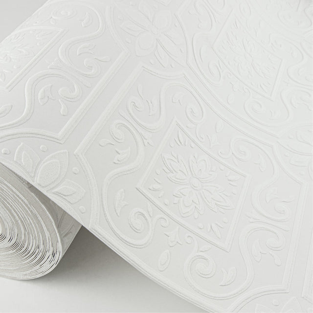Ibold White Tin Ceiling Scroll Paintable Wallpaper with Textured Raised Ink - Brewster 4000-59001