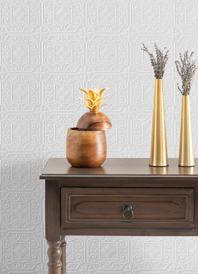 Ibold White Tin Ceiling Scroll Paintable Wallpaper with Textured Raised Ink - Brewster 4000-59001