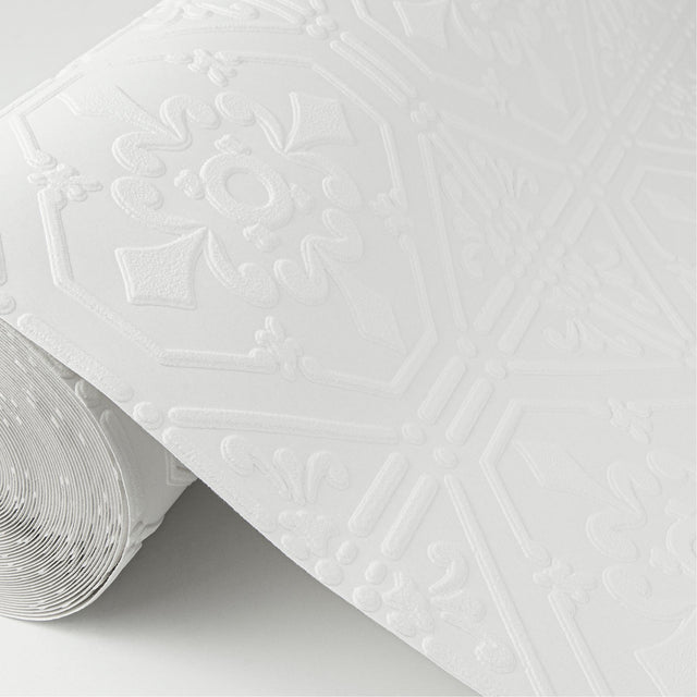 Brooklyn White Tin Paintable Wallpaper with Textured Tin Tile Pattern - Brewster 4000-93996