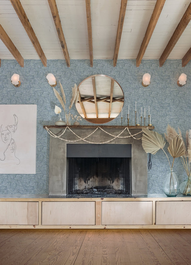 Aldabra Blue Textured Geometric Wallpaper with Bohemian Graphics Pattern - Brewster 4014-26401