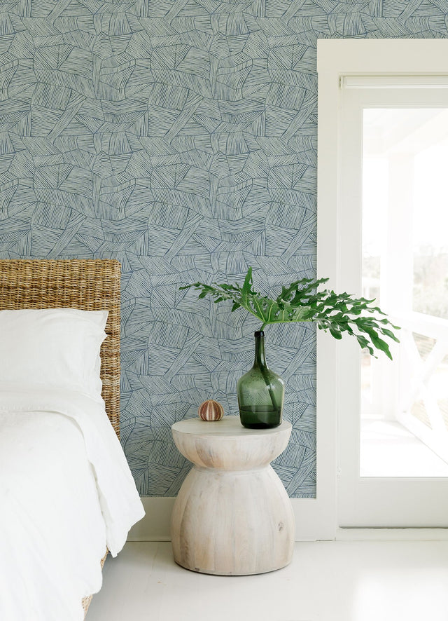 Aldabra Blue Textured Geometric Wallpaper with Bohemian Graphics Pattern - Brewster 4014-26401