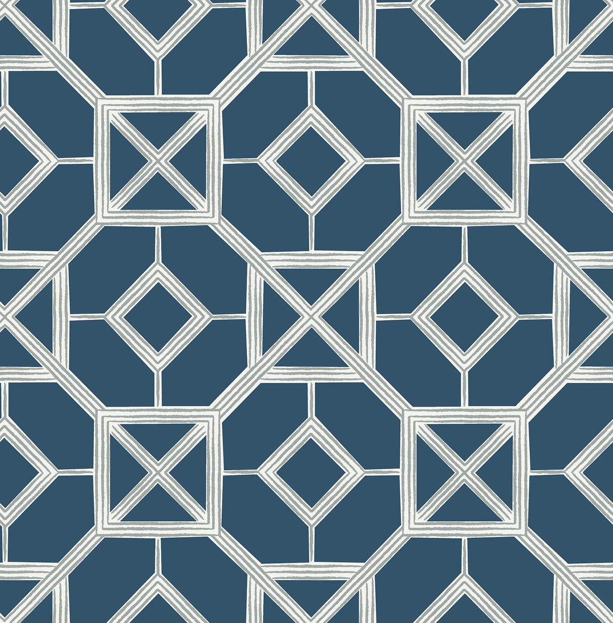 Livia Dark Blue Trellis Wallpaper with Metallic Silver Geometric Bohemian Pattern - A-Street Prints 4014-26411