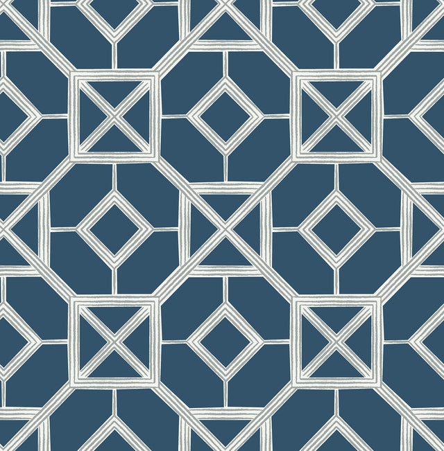 Livia Dark Blue Trellis Wallpaper with Metallic Silver Geometric Bohemian Pattern - A-Street Prints 4014-26411