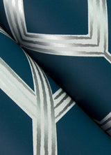 Livia Dark Blue Trellis Wallpaper with Metallic Silver Geometric Bohemian Pattern - A-Street Prints 4014-26411