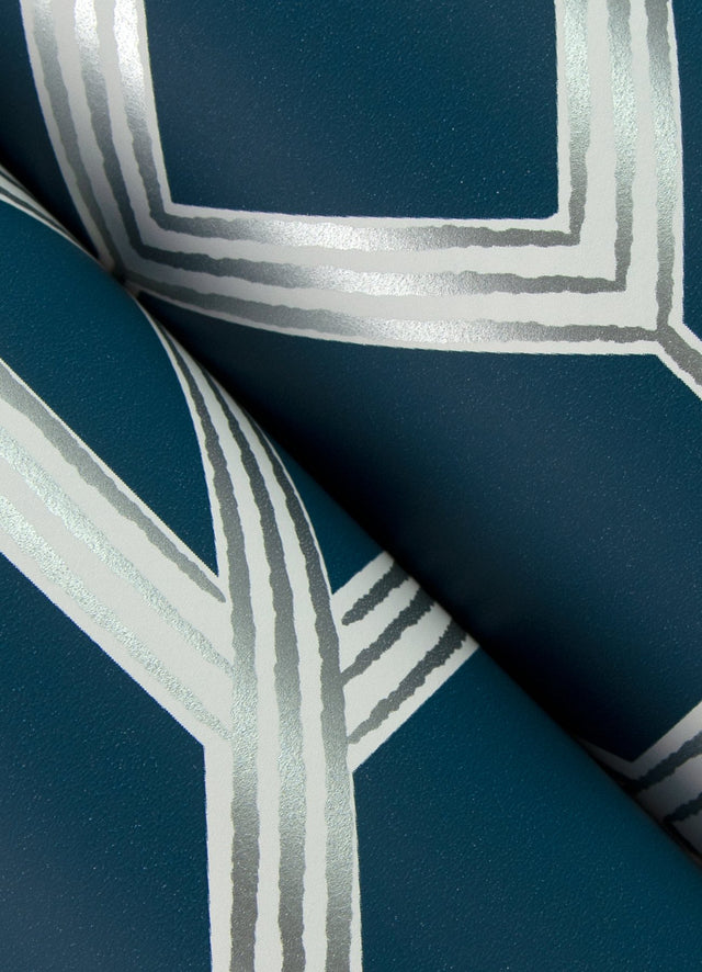 Livia Dark Blue Trellis Wallpaper with Metallic Silver Geometric Bohemian Pattern - A-Street Prints 4014-26411
