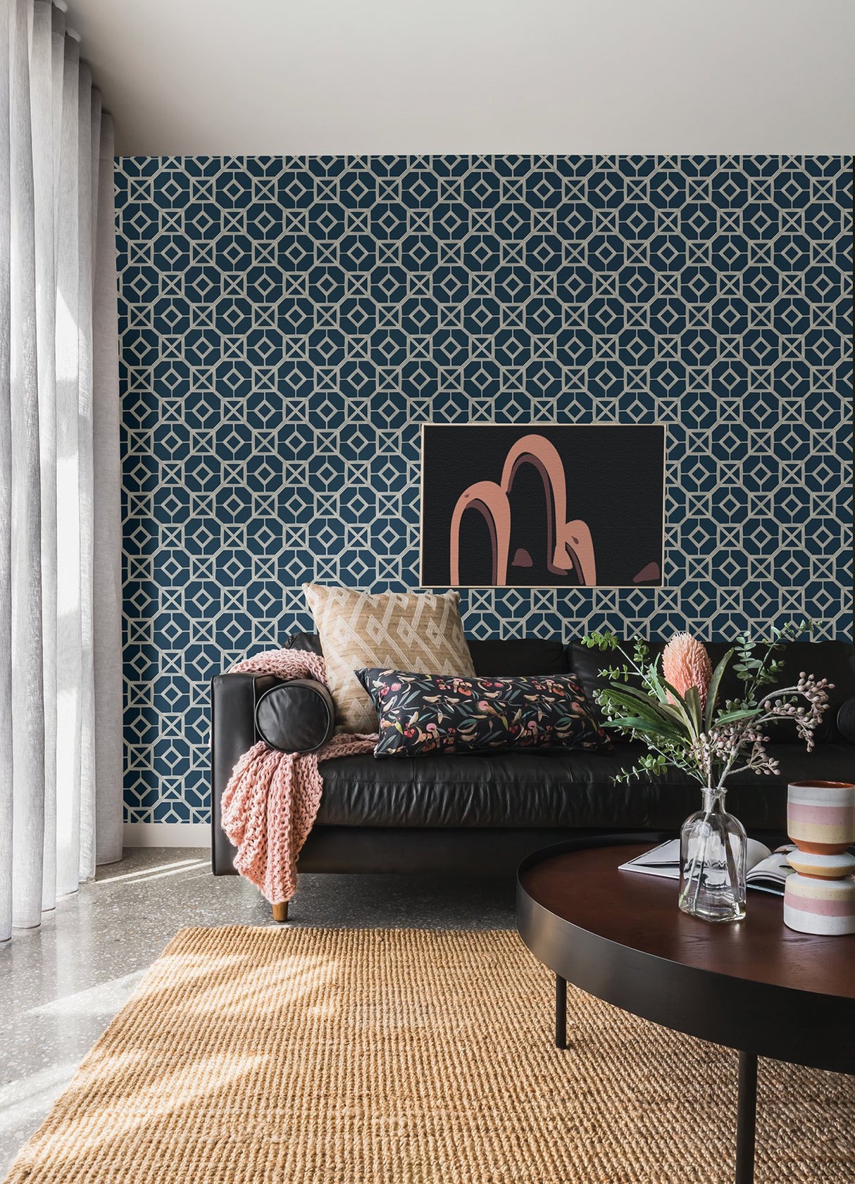 Livia Dark Blue Trellis Wallpaper with Metallic Silver Geometric Bohemian Pattern - A-Street Prints 4014-26411
