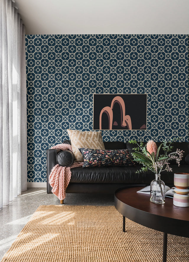 Livia Dark Blue Trellis Wallpaper with Metallic Silver Geometric Bohemian Pattern - A-Street Prints 4014-26411