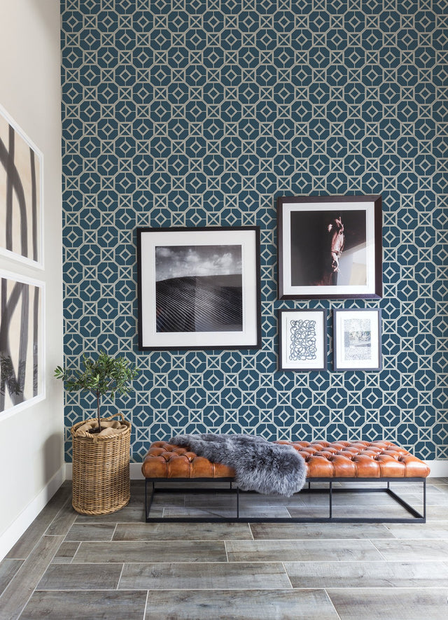 Livia Dark Blue Trellis Wallpaper with Metallic Silver Geometric Bohemian Pattern - A-Street Prints 4014-26411