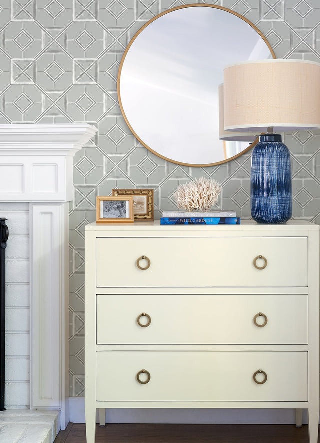 Livia Grey Trellis Wallpaper with Metallic Silver Geometric Pattern - A-Street Prints 4014-26412