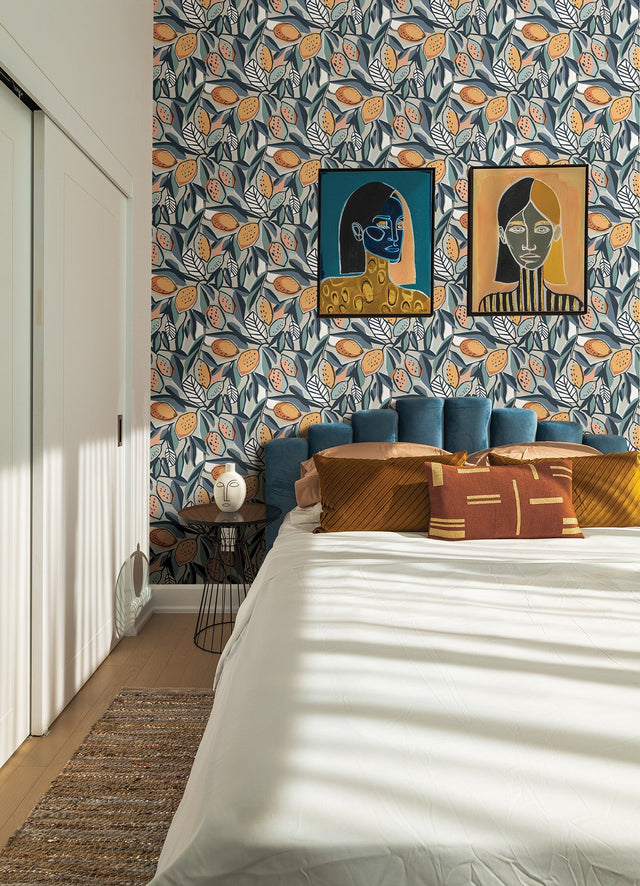 Meyer Teal Citrus Wallpaper with Bohemian Botanical Motif - A-Street Prints 4014-26421
