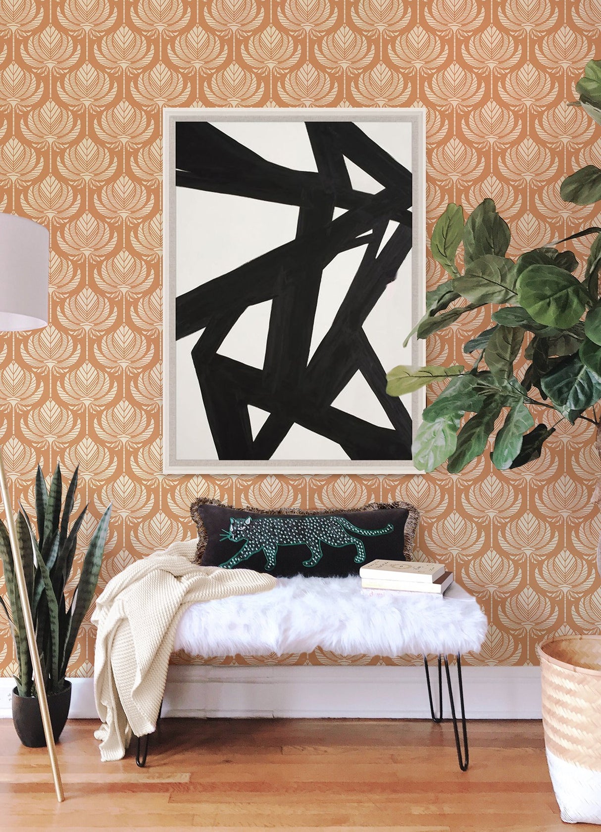 Palmier Orange Lotus Fan Wallpaper with Bohemian Botanical Pattern - A-Street Prints 4014-26423
