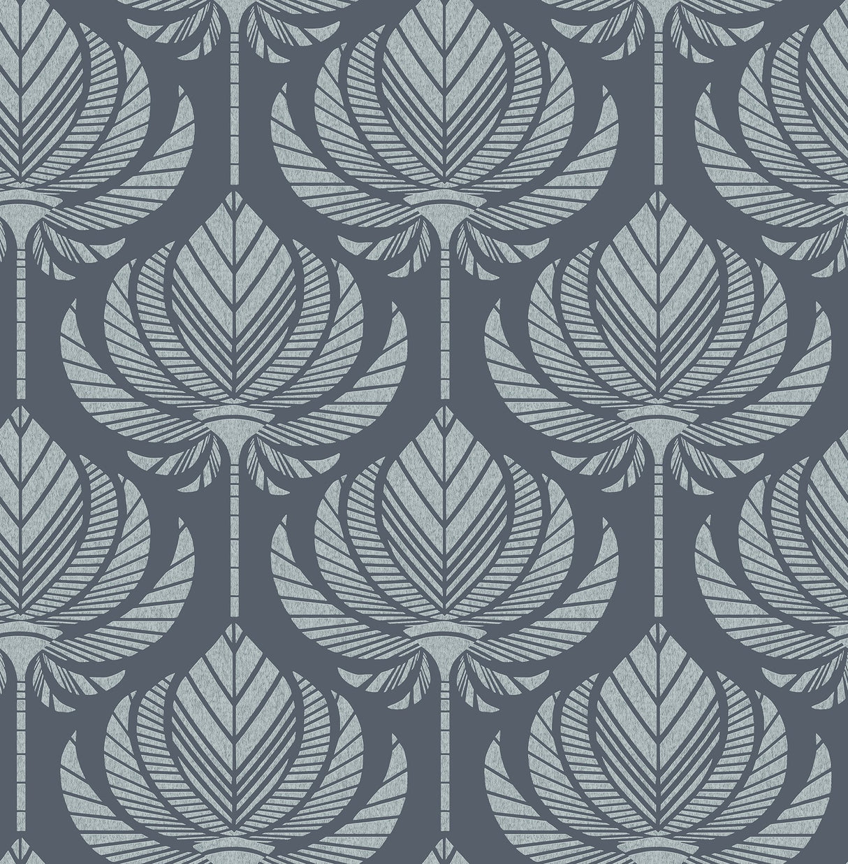 Palmier Navy Lotus Fan Wallpaper with Global Botanical Ogee Pattern - A-Street Prints 4014-26424