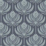 Palmier Navy Lotus Fan Wallpaper with Global Botanical Ogee Pattern - A-Street Prints 4014-26424