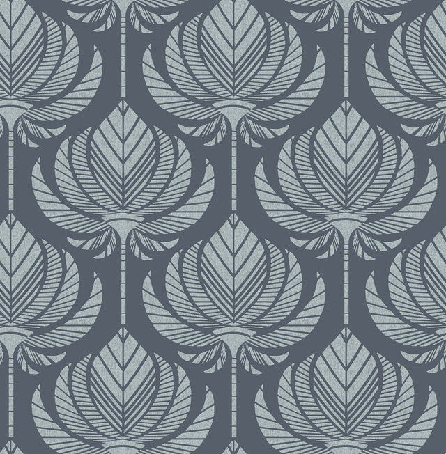 Palmier Navy Lotus Fan Wallpaper with Global Botanical Ogee Pattern - A-Street Prints 4014-26424