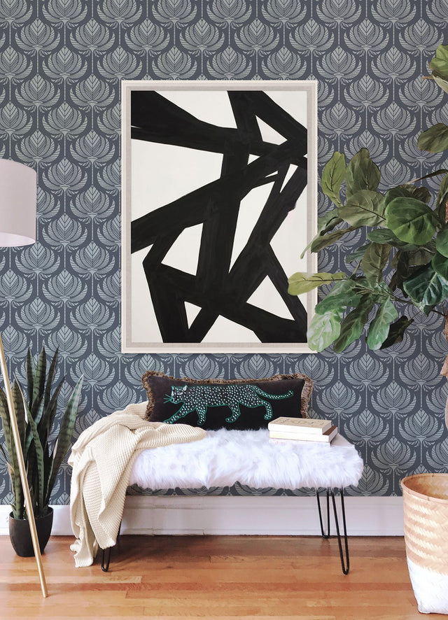 Palmier Navy Lotus Fan Wallpaper with Global Botanical Ogee Pattern - A-Street Prints 4014-26424