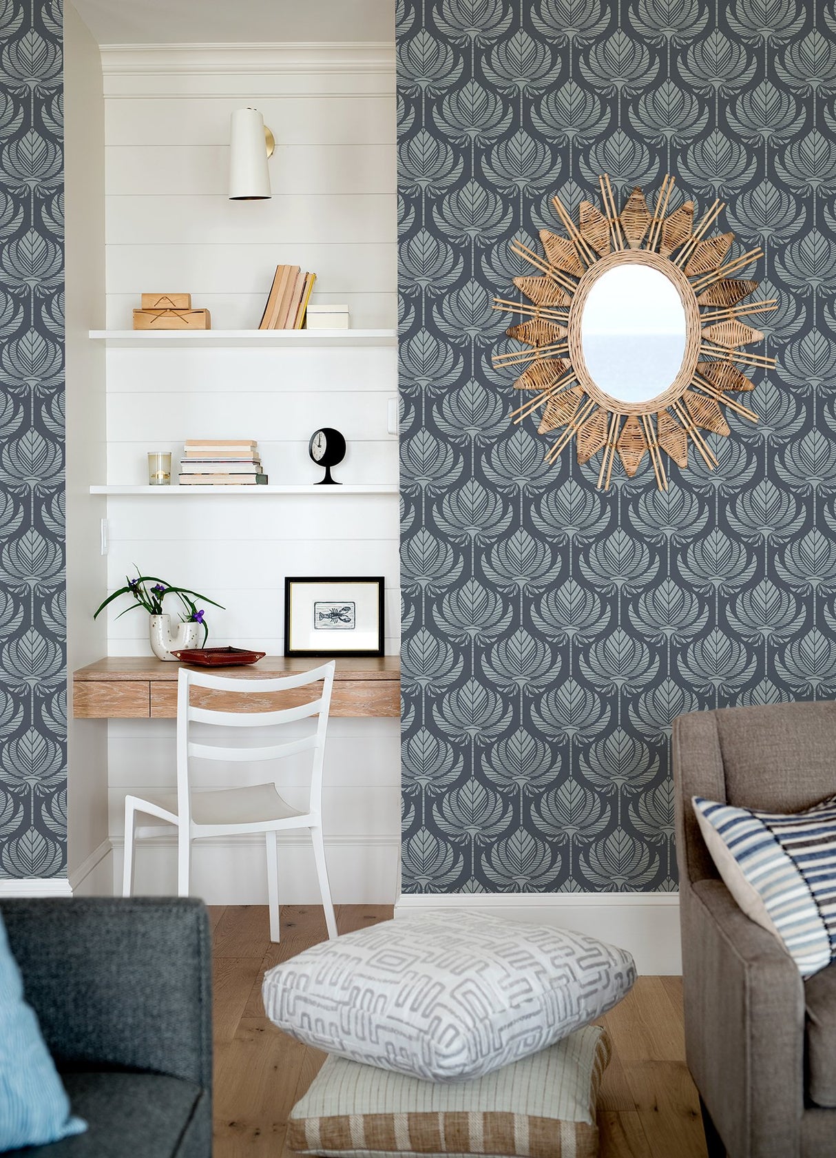 Palmier Navy Lotus Fan Wallpaper with Global Botanical Ogee Pattern - A-Street Prints 4014-26424