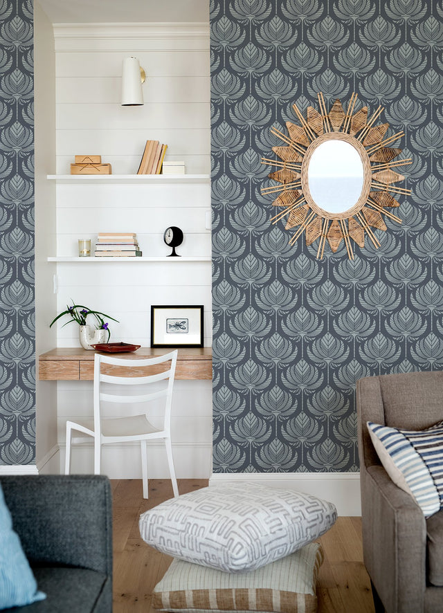 Palmier Navy Lotus Fan Wallpaper with Global Botanical Ogee Pattern - A-Street Prints 4014-26424