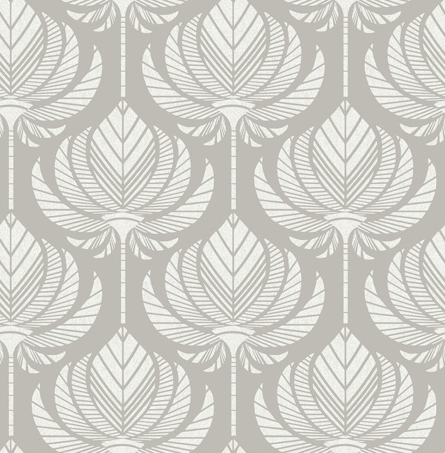 Palmier Grey Lotus Fan Wallpaper with Botanical Ogee Pattern, Bohemian Style - A-Street Prints 4014-26425