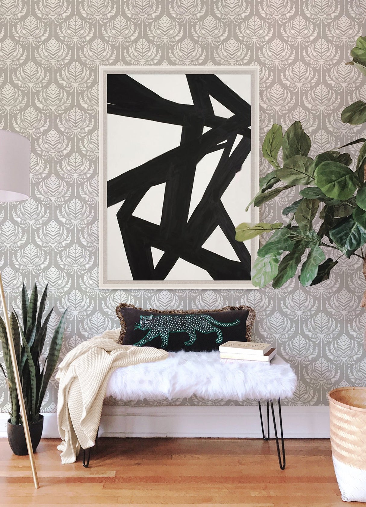 Palmier Grey Lotus Fan Wallpaper with Botanical Ogee Pattern, Bohemian Style - A-Street Prints 4014-26425