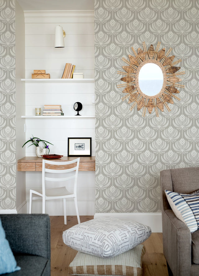 Palmier Grey Lotus Fan Wallpaper with Botanical Ogee Pattern, Bohemian Style - A-Street Prints 4014-26425