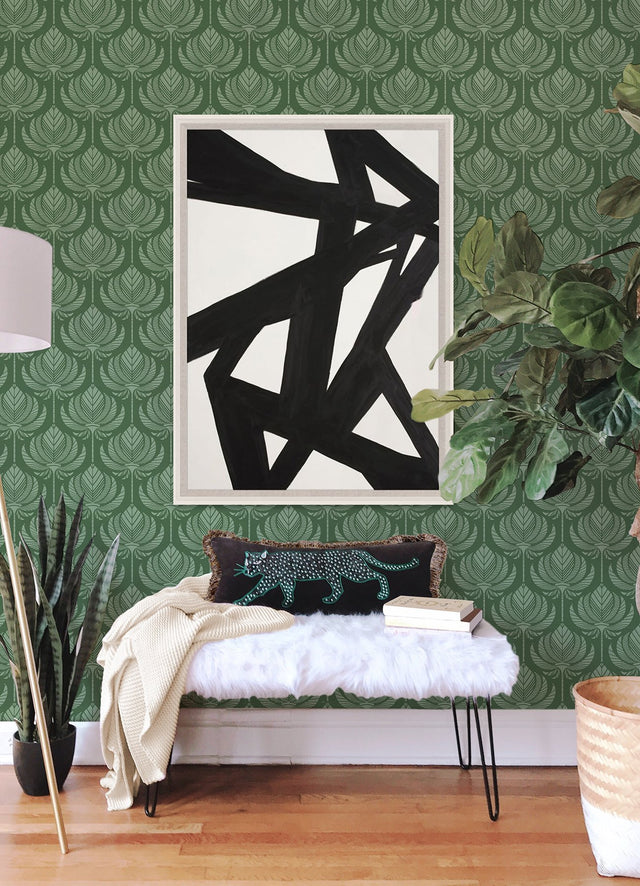Palmier Green Lotus Fan Wallpaper with Botanical Ogee Motif, Bohemian Style - A-Street Prints 4014-26426