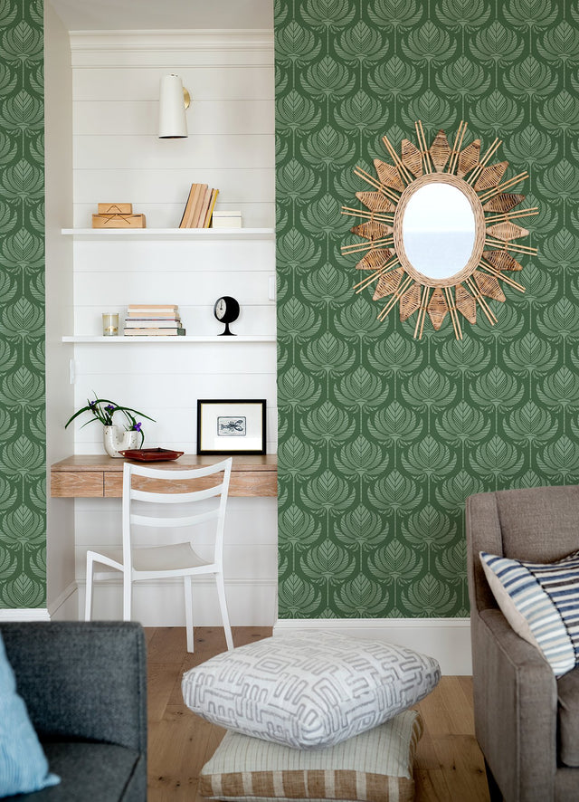 Palmier Green Lotus Fan Wallpaper with Botanical Ogee Motif, Bohemian Style - A-Street Prints 4014-26426