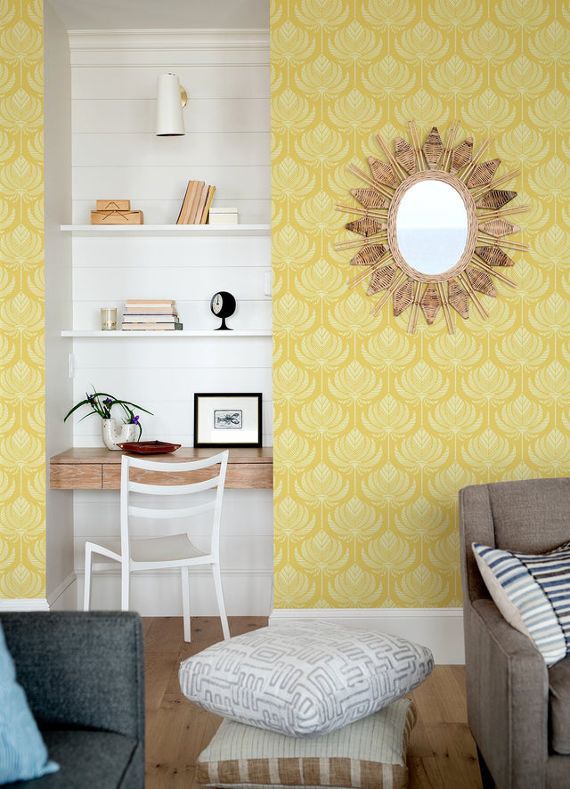 Palmier Yellow Lotus Fan Wallpaper with Botanical Bohemian Pattern - A-Street Prints 4014-26427