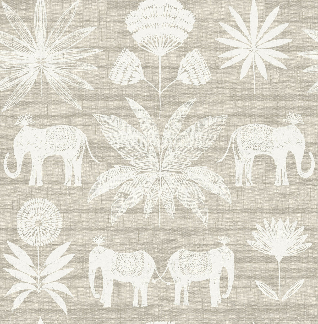 Bazaar Light Grey Elephant Oasis Wallpaper with Bohemian Animal Motif - A-Street Prints 4014-26433