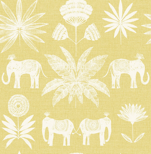 Bazaar Yellow Elephant Oasis Wallpaper with White Tropical Elephant Motif - A-Street Prints 4014-26434